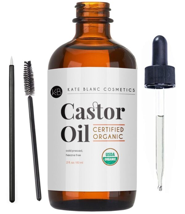 Kate Blanc Cosmetics Castor Oil (2oz), USDA Certified Organic, 100% Pure, Cold Pressed, Hexane Free. Stimulate Growth for Eyelashes, Eyebrows, Hair. Skin Moisturizer & Hair Treatment Starter Kit