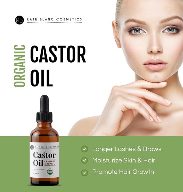 Kate Blanc Cosmetics Castor Oil (2oz), USDA Certified Organic, 100% Pure, Cold Pressed, Hexane Free. Stimulate Growth for Eyelashes, Eyebrows, Hair. Skin Moisturizer & Hair Treatment Starter Kit - Image 3